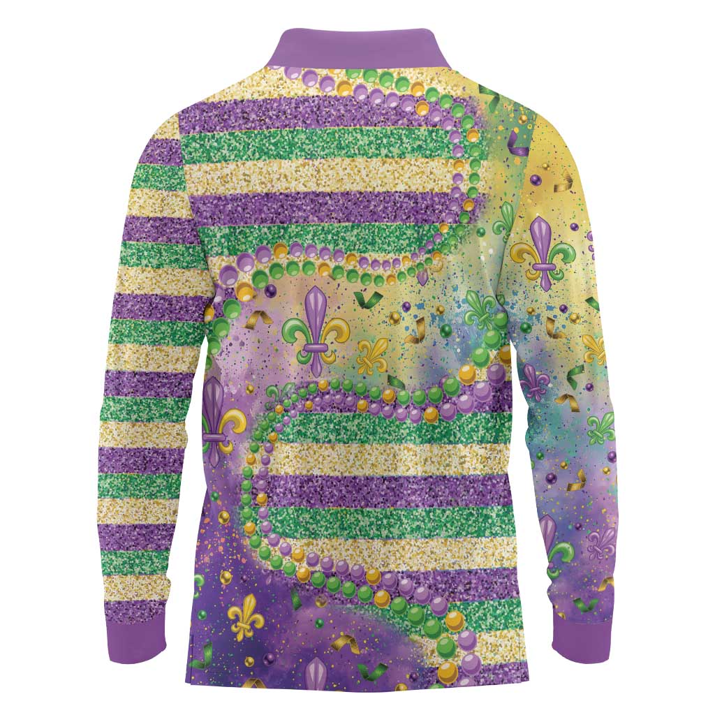 Mardi Gras Fleur De Lis Long Sleeve Polo Shirt With Beads Glitter Pattern - Wonder Print Shop