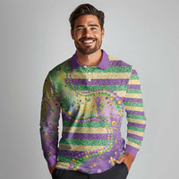 Mardi Gras Fleur De Lis Long Sleeve Polo Shirt With Beads Glitter Pattern - Wonder Print Shop