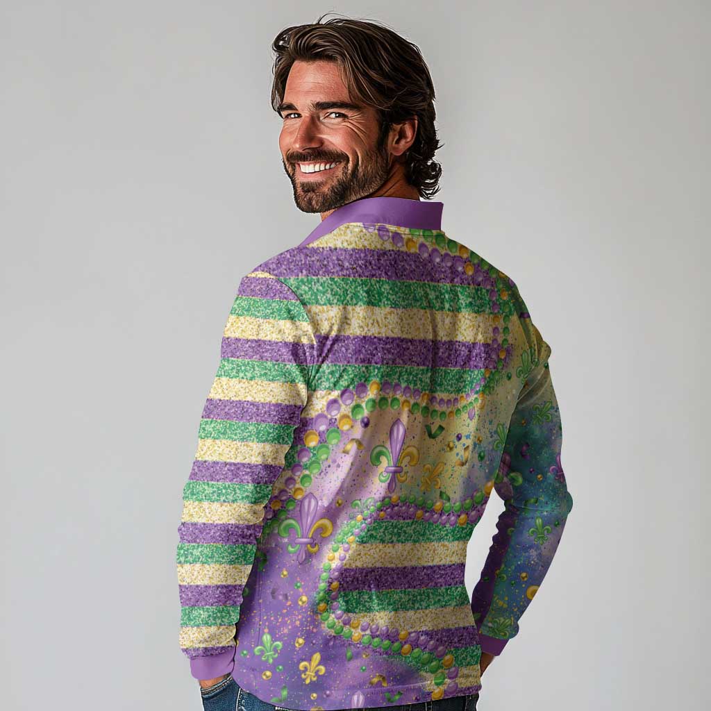 Mardi Gras Fleur De Lis Long Sleeve Polo Shirt With Beads Glitter Pattern - Wonder Print Shop