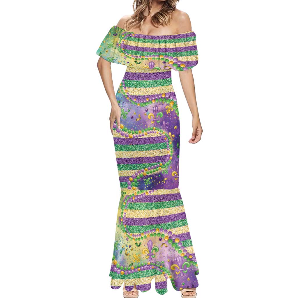 Mardi Gras Fleur De Lis Mermaid Dress With Beads Glitter Pattern - Wonder Print Shop