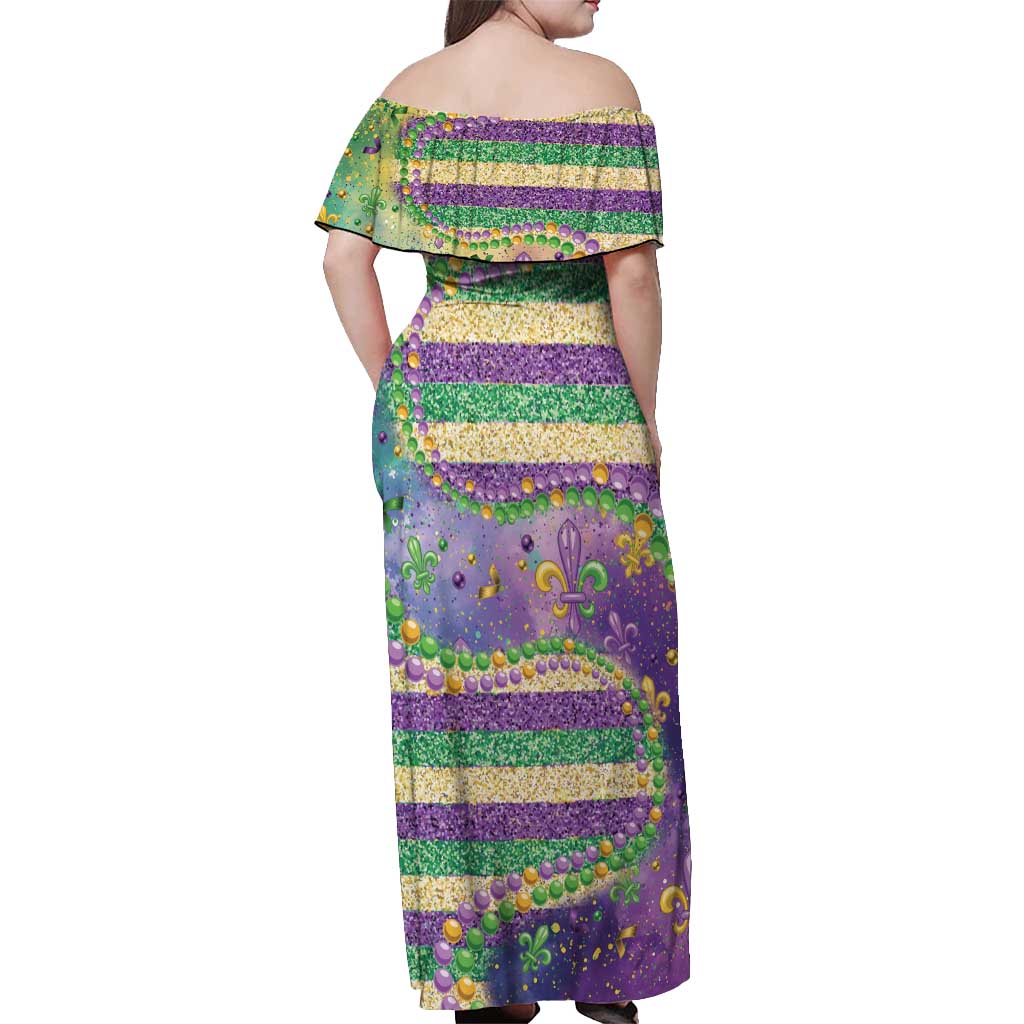 Mardi Gras Fleur De Lis Off Shoulder Maxi Dress With Beads Glitter Pattern - Wonder Print Shop