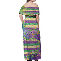 Mardi Gras Fleur De Lis Off Shoulder Maxi Dress With Beads Glitter Pattern - Wonder Print Shop