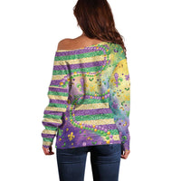 Mardi Gras Fleur De Lis Off Shoulder Sweater With Beads Glitter Pattern - Wonder Print Shop