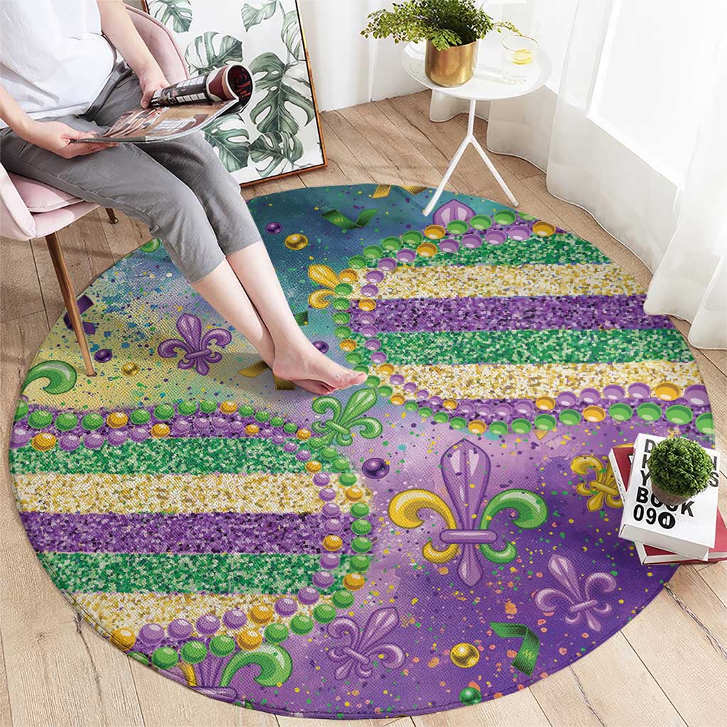 Mardi Gras Fleur De Lis Round Carpet With Beads Glitter Pattern - Wonder Print Shop