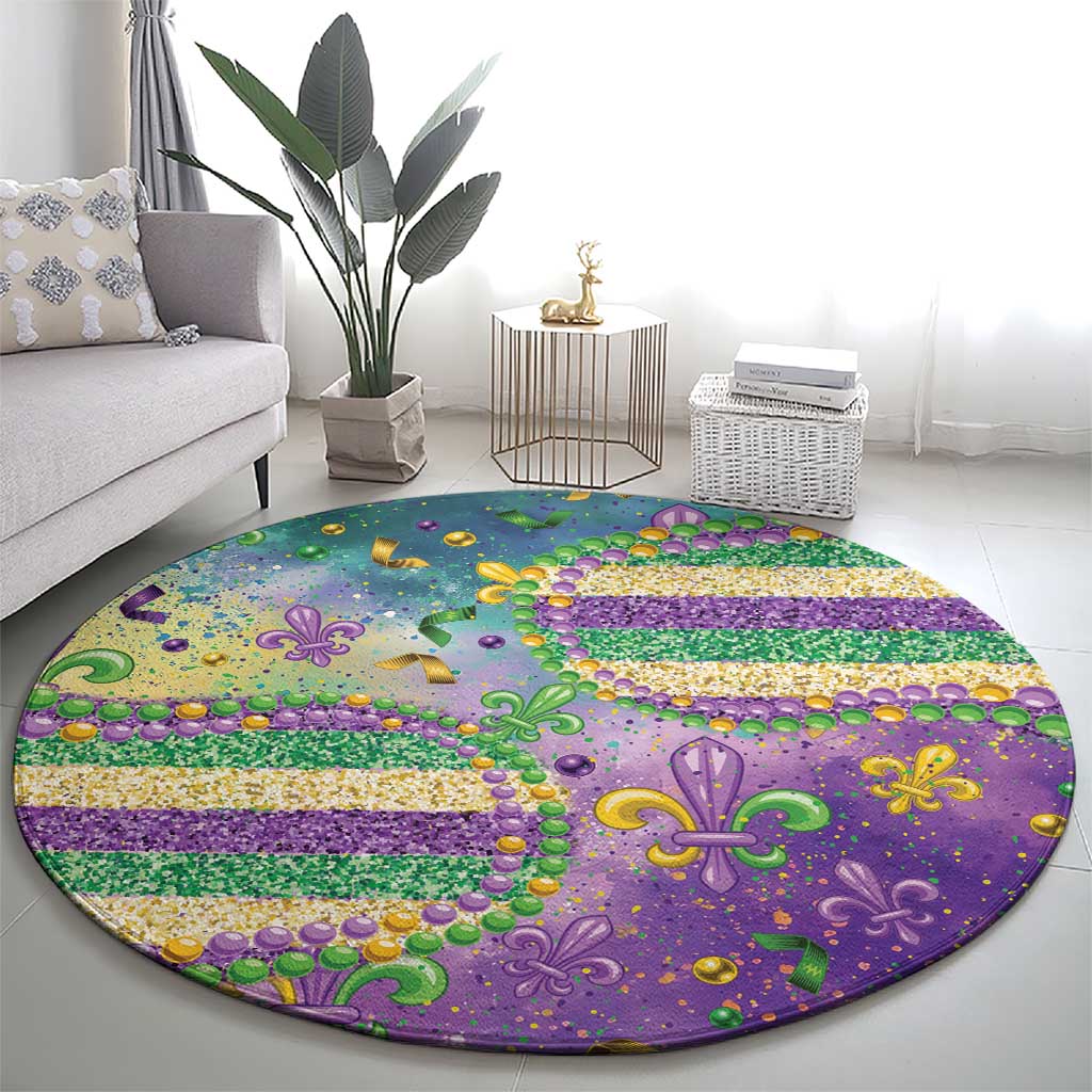 Mardi Gras Fleur De Lis Round Carpet With Beads Glitter Pattern - Wonder Print Shop