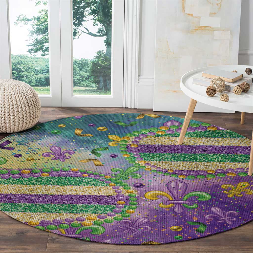 Mardi Gras Fleur De Lis Round Carpet With Beads Glitter Pattern - Wonder Print Shop