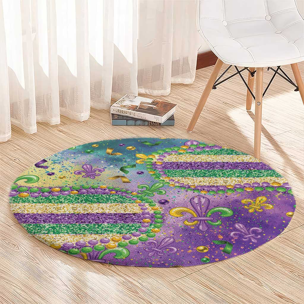 Mardi Gras Fleur De Lis Round Carpet With Beads Glitter Pattern - Wonder Print Shop