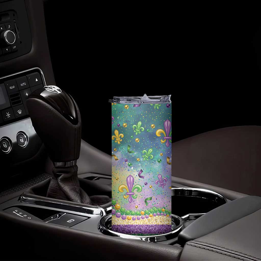 Mardi Gras Fleur De Lis Skinny Tumbler With Beads Glitter Pattern - Wonder Print Shop
