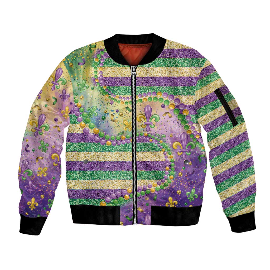 Mardi Gras Fleur De Lis Sleeve Zip Bomber Jacket With Beads Glitter Pattern - Wonder Print Shop