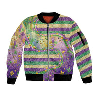 Mardi Gras Fleur De Lis Sleeve Zip Bomber Jacket With Beads Glitter Pattern - Wonder Print Shop
