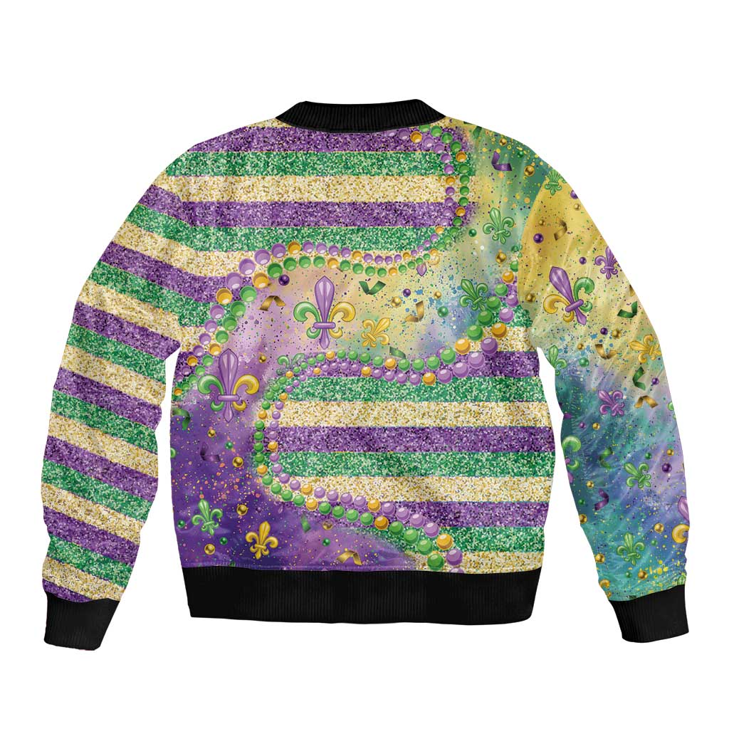 Mardi Gras Fleur De Lis Sleeve Zip Bomber Jacket With Beads Glitter Pattern - Wonder Print Shop