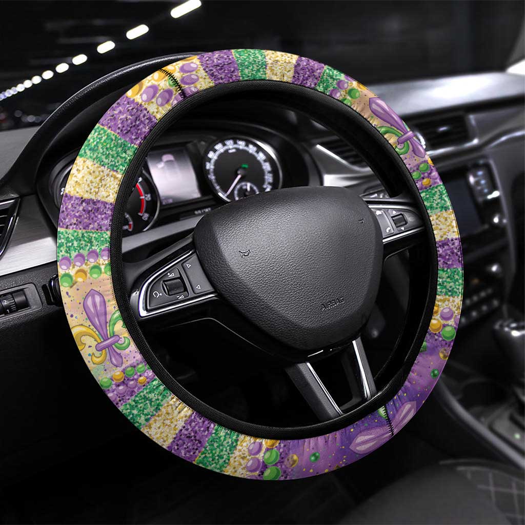 Mardi Gras Fleur De Lis Steering Wheel Cover With Beads Glitter Pattern - Wonder Print Shop