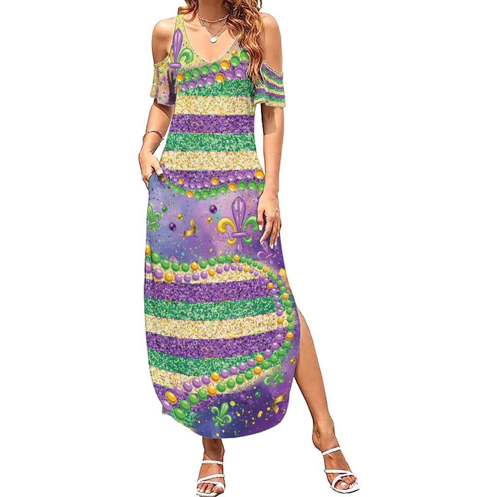 Mardi Gras Fleur De Lis Summer Maxi Dress With Beads Glitter Pattern - Wonder Print Shop