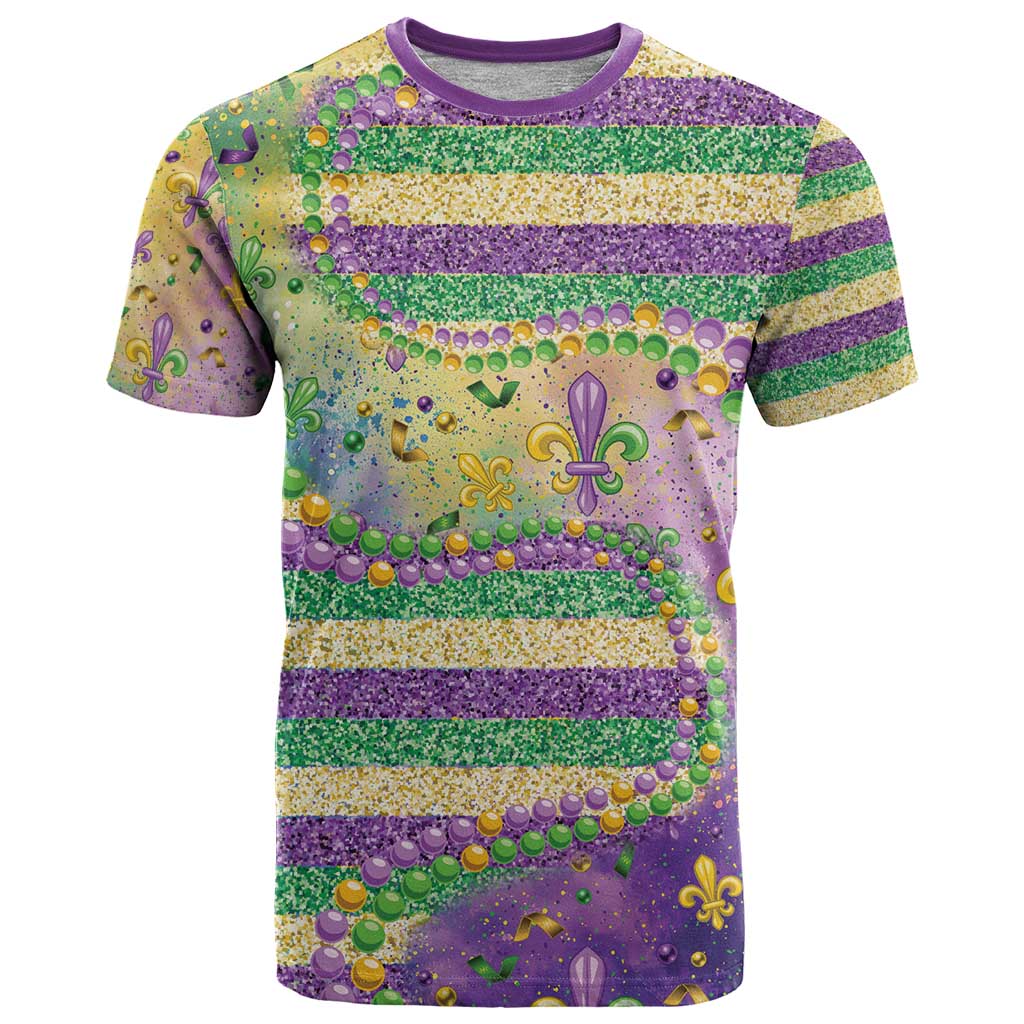 Mardi Gras Fleur De Lis T Shirt With Beads Glitter Pattern - Wonder Print Shop