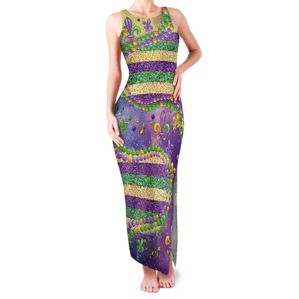Mardi Gras Fleur De Lis Tank Maxi Dress With Beads Glitter Pattern - Wonder Print Shop