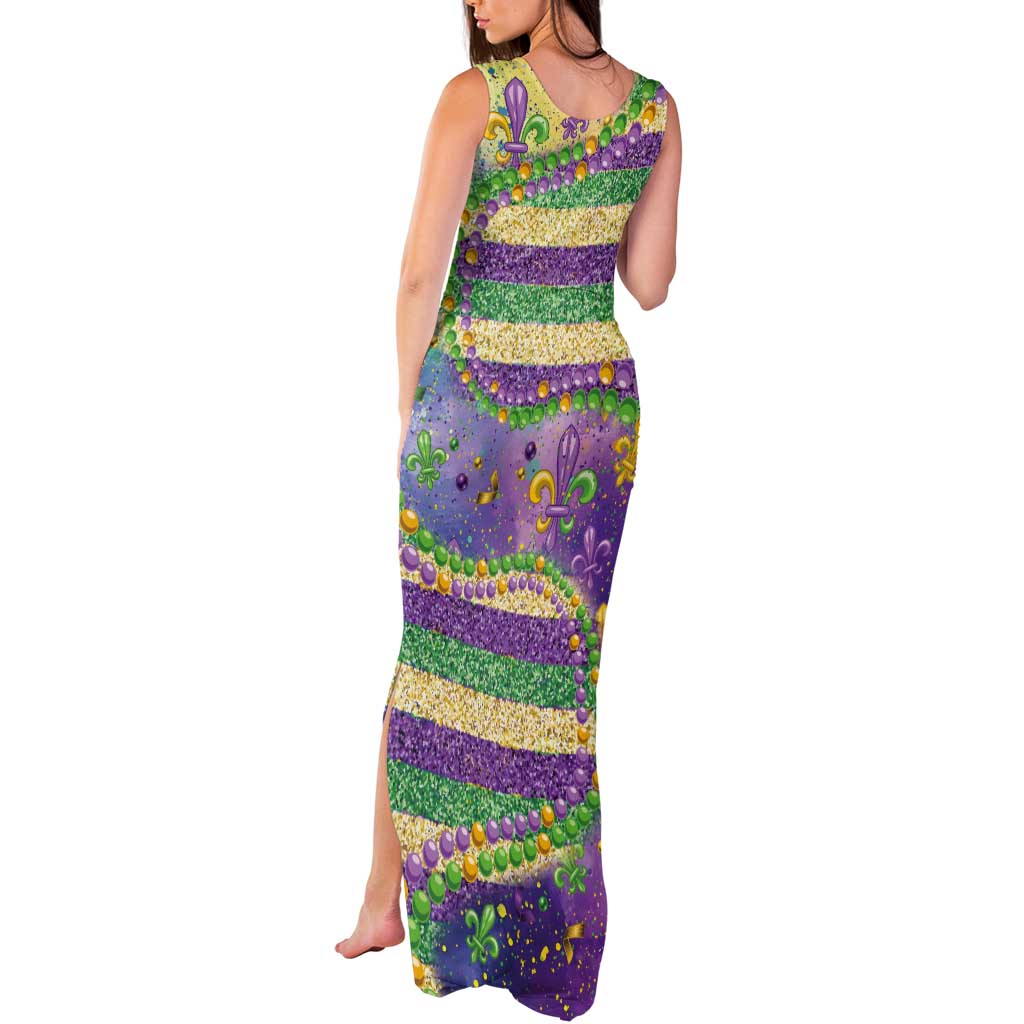 Mardi Gras Fleur De Lis Tank Maxi Dress With Beads Glitter Pattern - Wonder Print Shop