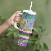 Mardi Gras Fleur De Lis Tumbler With Handle With Beads Glitter Pattern - Wonder Print Shop