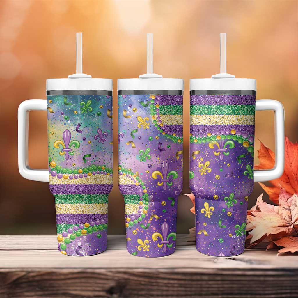 Mardi Gras Fleur De Lis Tumbler With Handle With Beads Glitter Pattern - Wonder Print Shop