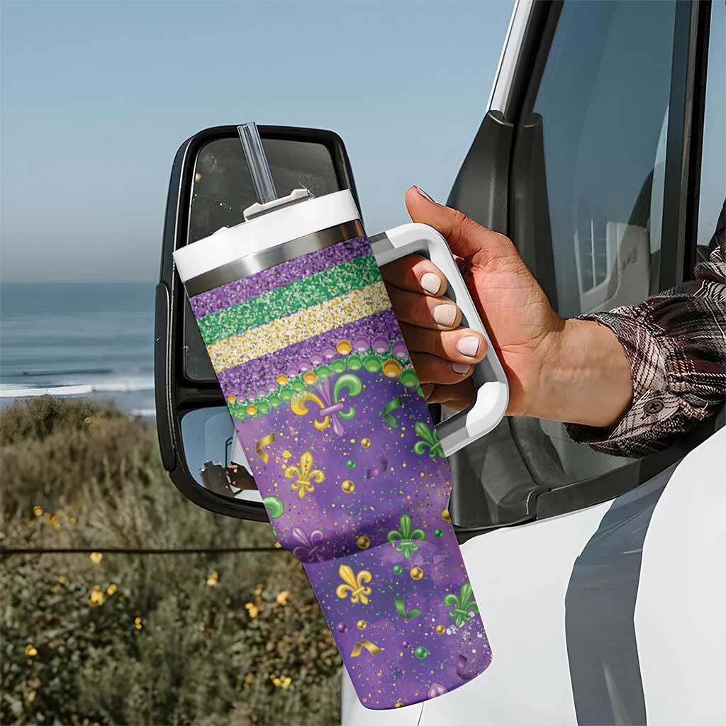 Mardi Gras Fleur De Lis Tumbler With Handle With Beads Glitter Pattern - Wonder Print Shop