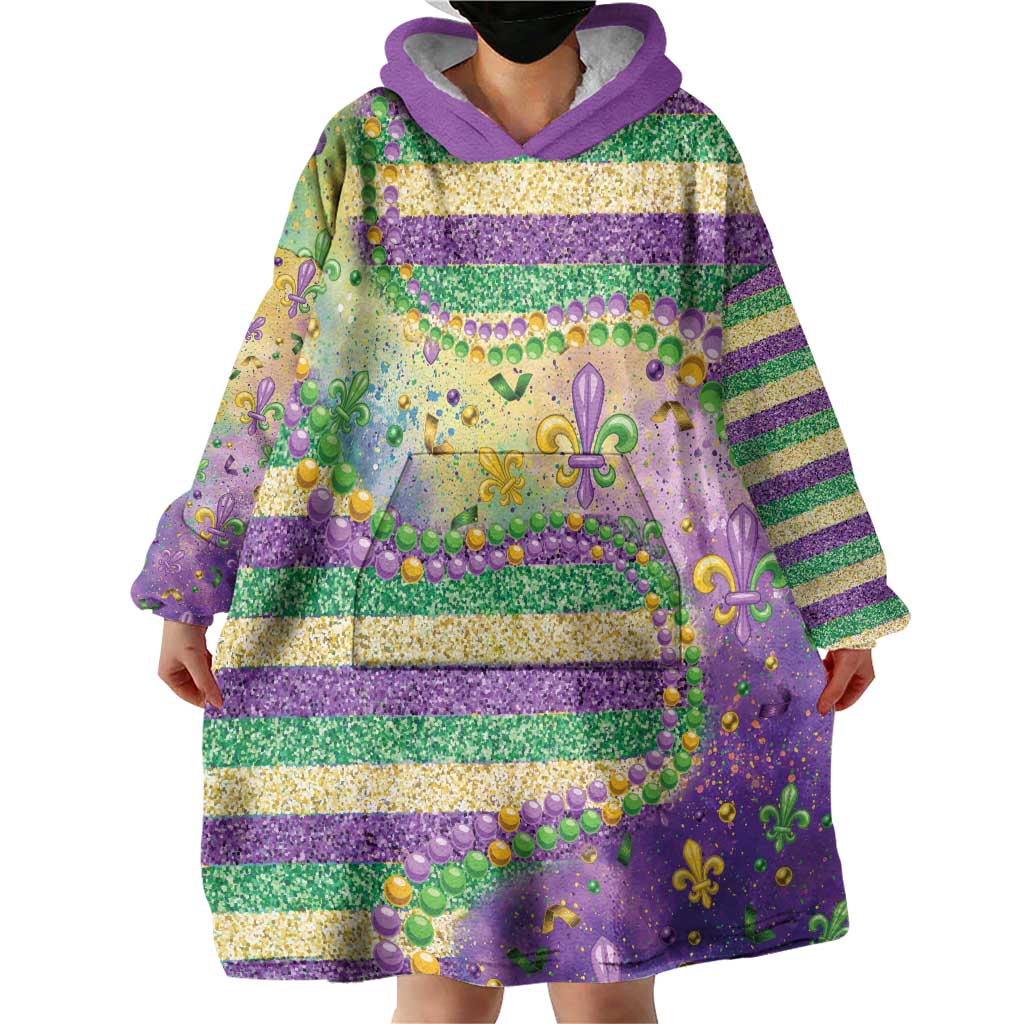 Mardi Gras Fleur De Lis Wearable Blanket Hoodie With Beads Glitter Pattern - Wonder Print Shop