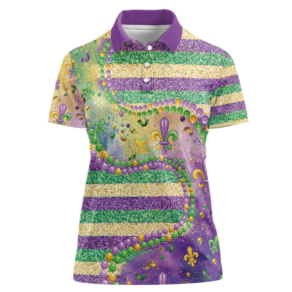 Mardi Gras Fleur De Lis Women Polo Shirt With Beads Glitter Pattern - Wonder Print Shop