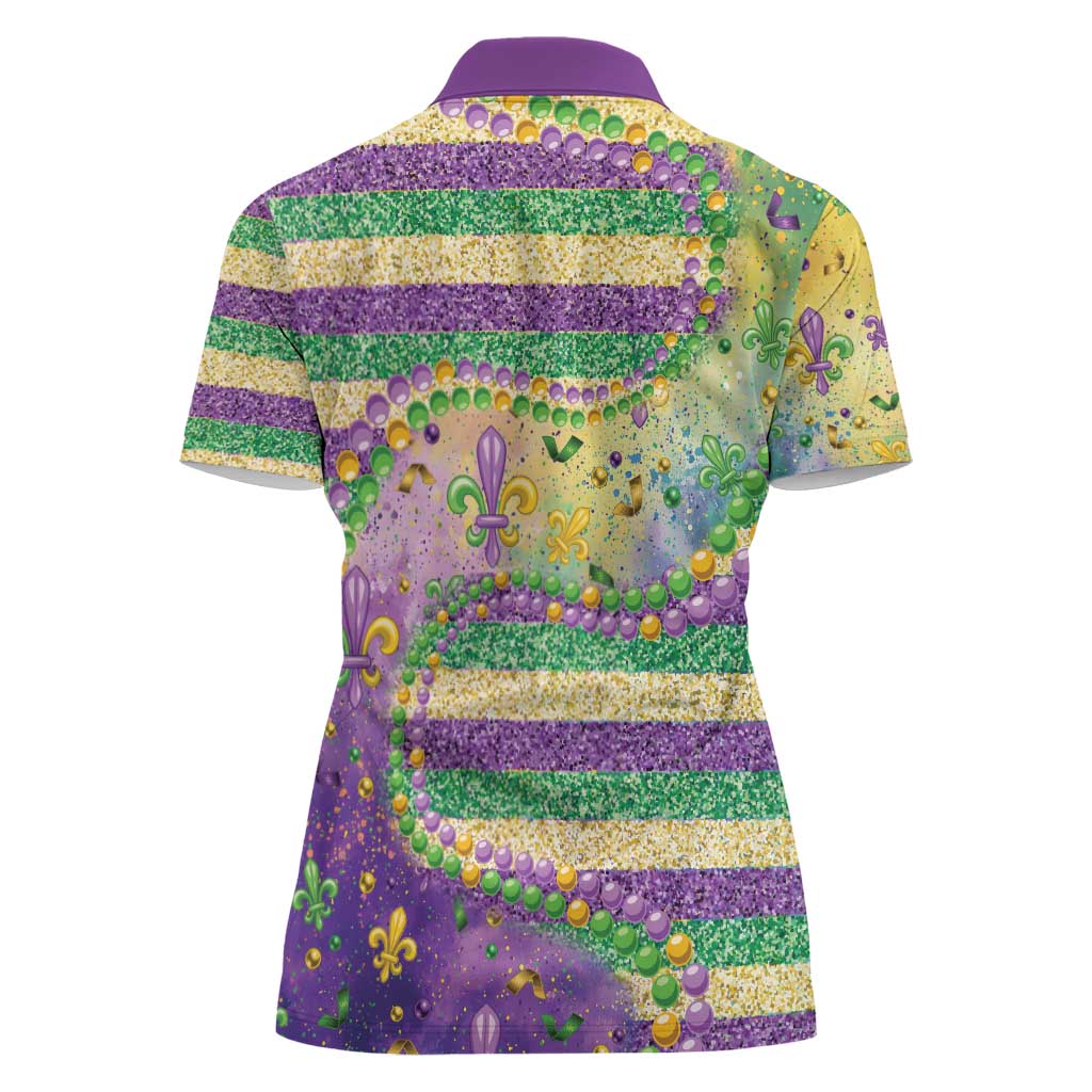 Mardi Gras Fleur De Lis Women Polo Shirt With Beads Glitter Pattern - Wonder Print Shop