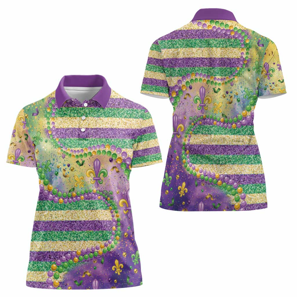 Mardi Gras Fleur De Lis Women Polo Shirt With Beads Glitter Pattern - Wonder Print Shop