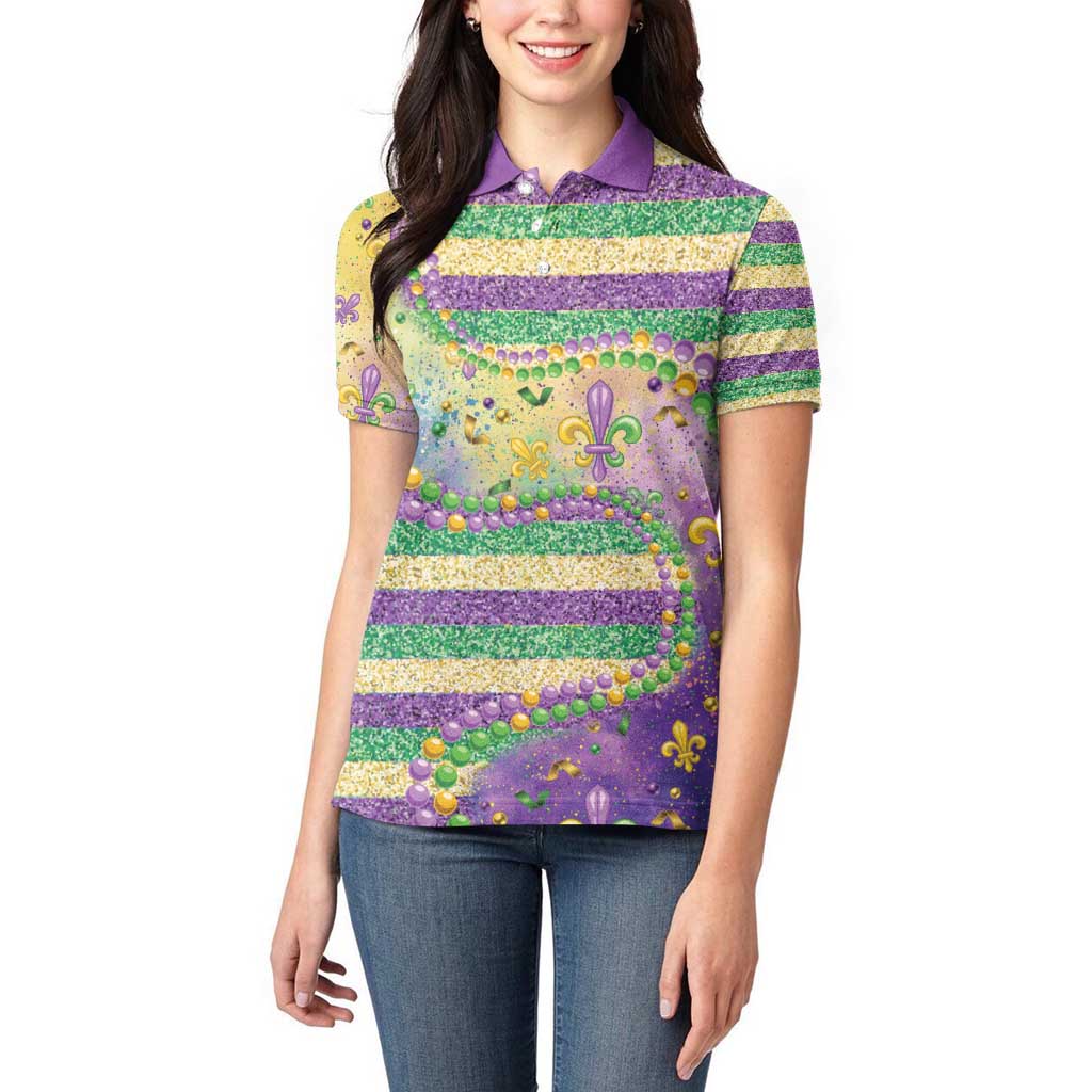 Mardi Gras Fleur De Lis Women Polo Shirt With Beads Glitter Pattern - Wonder Print Shop