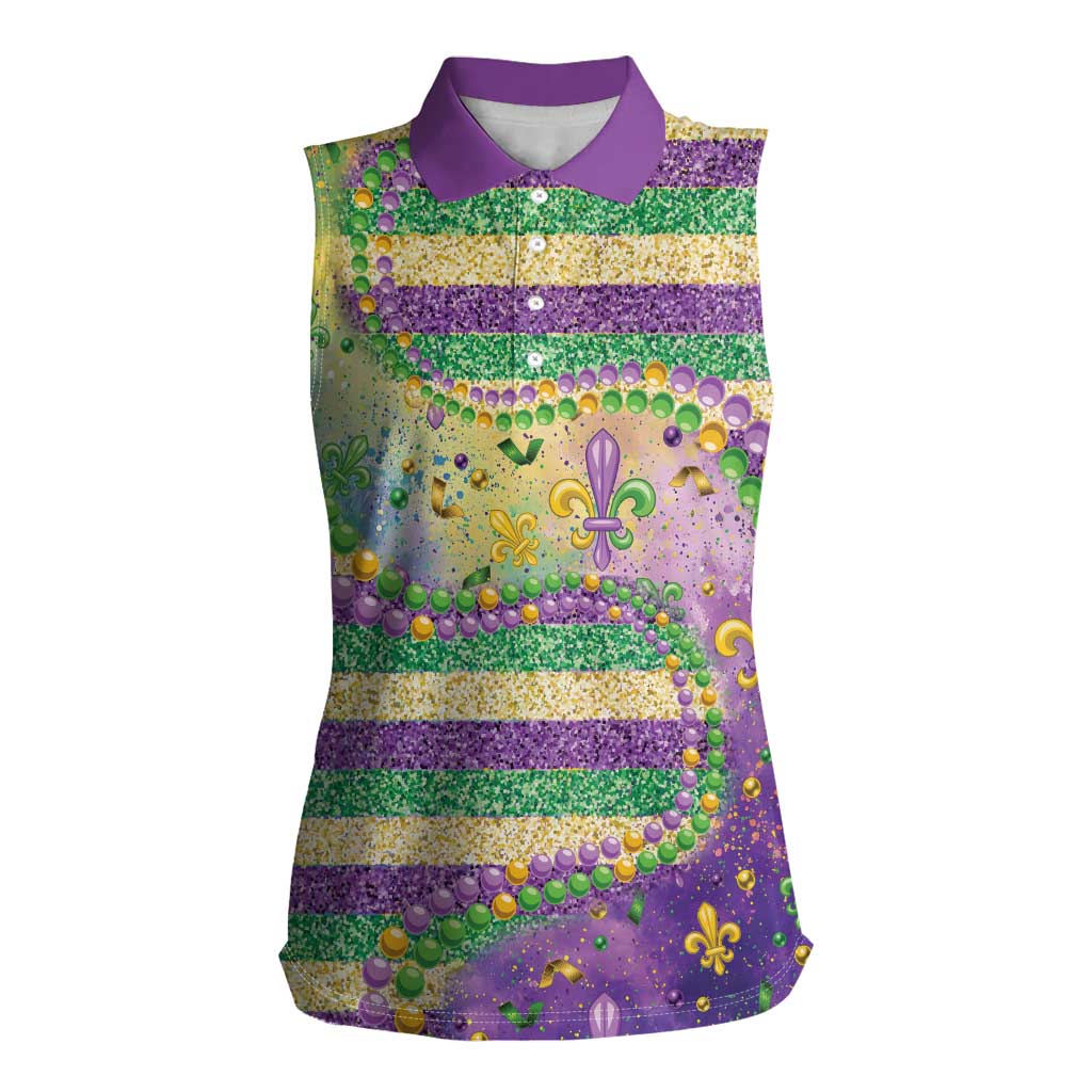Mardi Gras Fleur De Lis Women Sleeveless Polo Shirt With Beads Glitter Pattern - Wonder Print Shop
