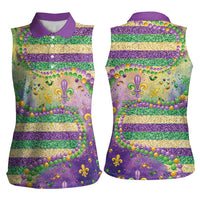 Mardi Gras Fleur De Lis Women Sleeveless Polo Shirt With Beads Glitter Pattern - Wonder Print Shop