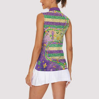 Mardi Gras Fleur De Lis Women Sleeveless Polo Shirt With Beads Glitter Pattern - Wonder Print Shop