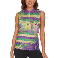 Mardi Gras Fleur De Lis Women Sleeveless Polo Shirt With Beads Glitter Pattern - Wonder Print Shop
