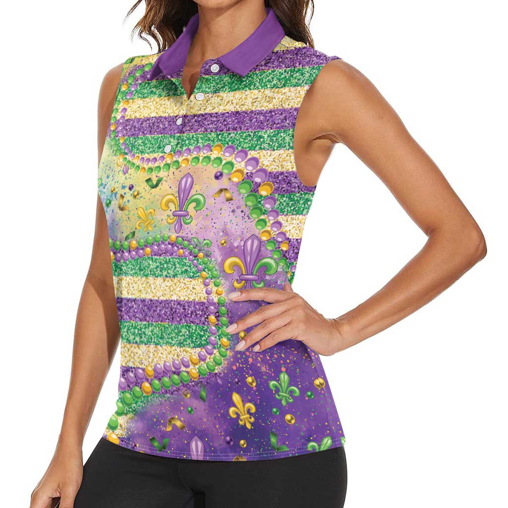 Mardi Gras Fleur De Lis Women Sleeveless Polo Shirt With Beads Glitter Pattern - Wonder Print Shop