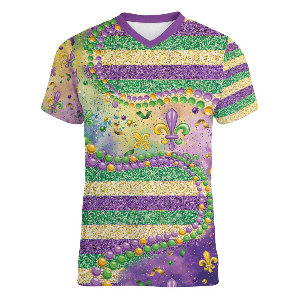 Mardi Gras Fleur De Lis Women V-Neck T-Shirt With Beads Glitter Pattern - Wonder Print Shop