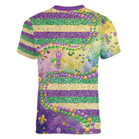 Mardi Gras Fleur De Lis Women V-Neck T-Shirt With Beads Glitter Pattern - Wonder Print Shop