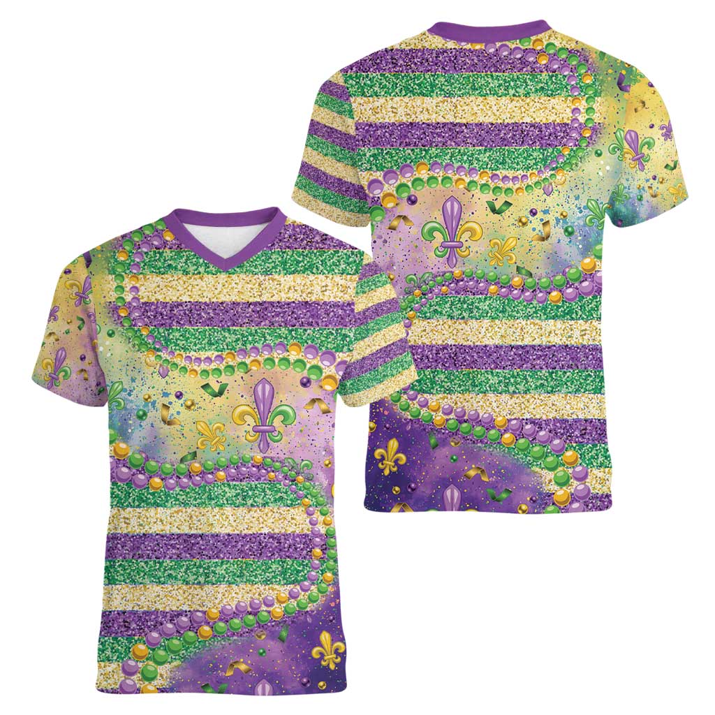 Mardi Gras Fleur De Lis Women V-Neck T-Shirt With Beads Glitter Pattern - Wonder Print Shop