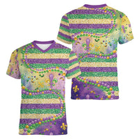 Mardi Gras Fleur De Lis Women V-Neck T-Shirt With Beads Glitter Pattern - Wonder Print Shop