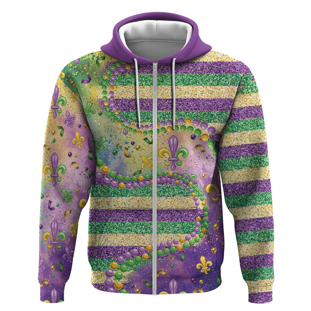 Mardi Gras Fleur De Lis Zip Hoodie With Beads Glitter Pattern - Wonder Print Shop