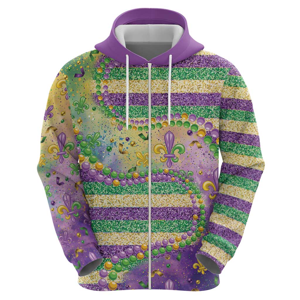 Mardi Gras Fleur De Lis Zip Hoodie With Beads Glitter Pattern - Wonder Print Shop