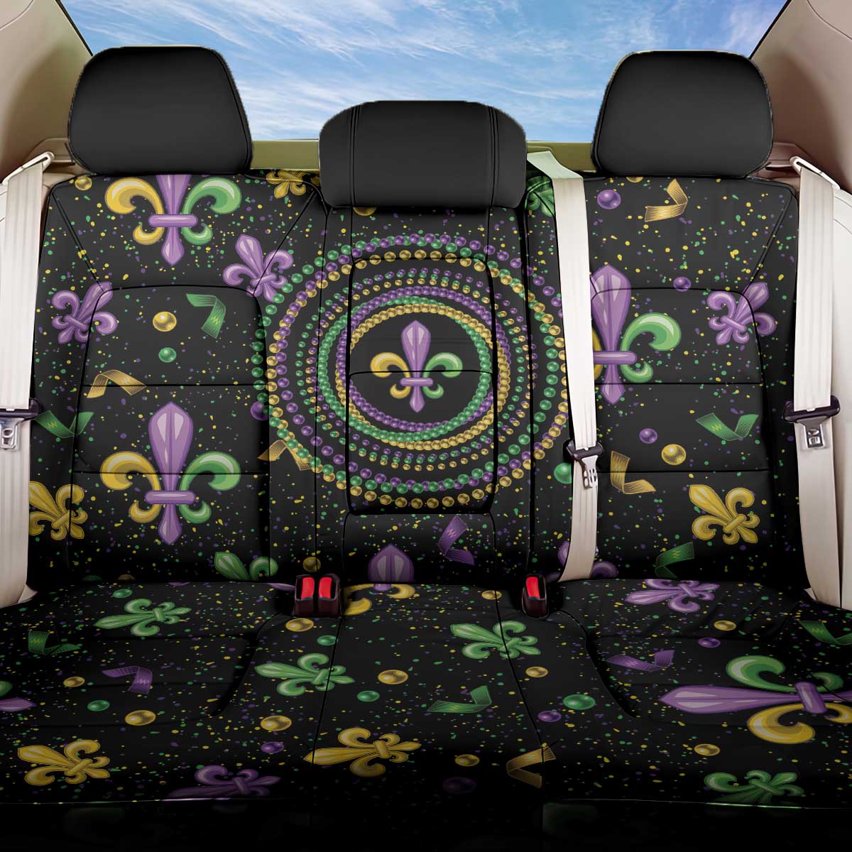Mardi Gras Fleur De Lis Back Car Seat Cover With Round Carnival Beads