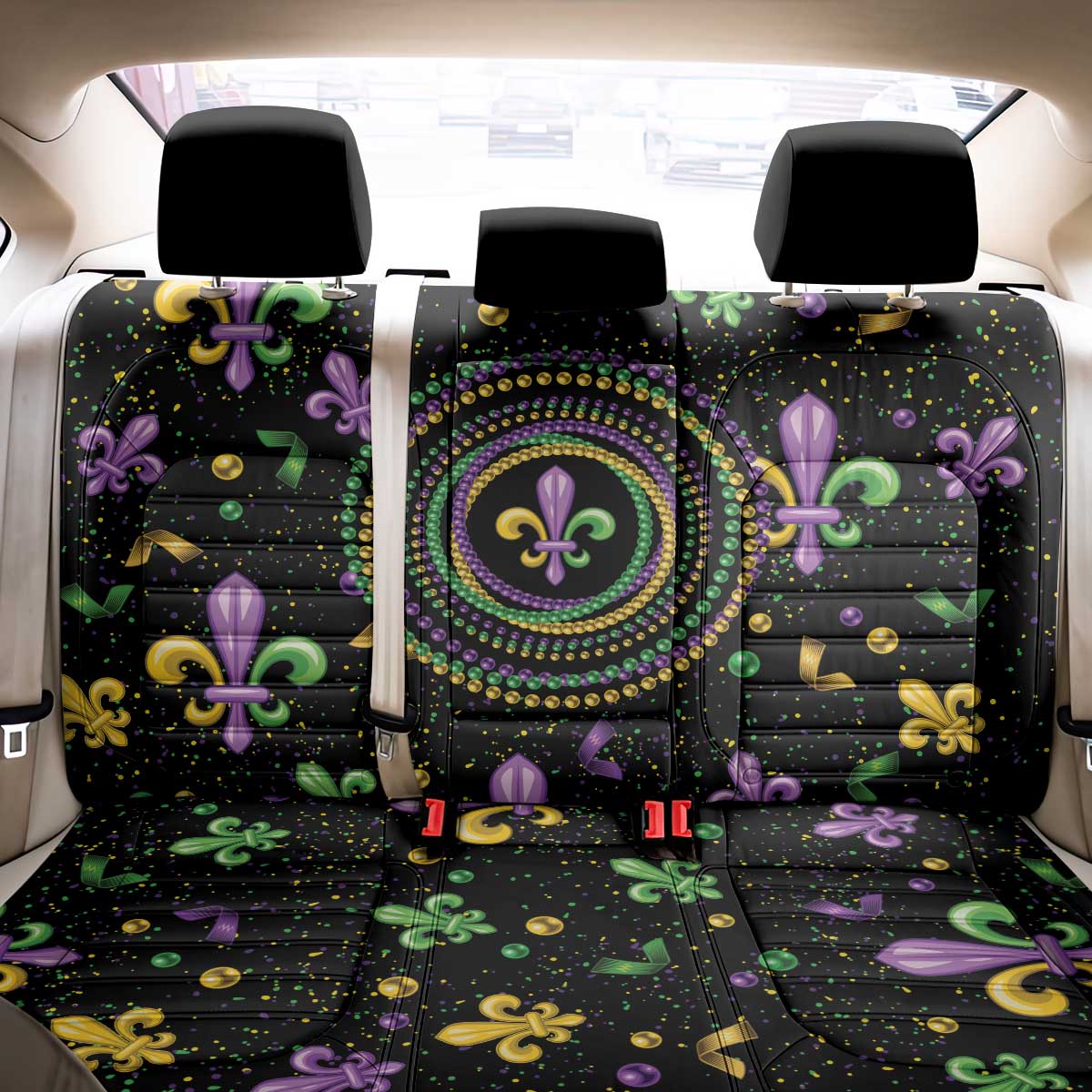 Mardi Gras Fleur De Lis Back Car Seat Cover With Round Carnival Beads