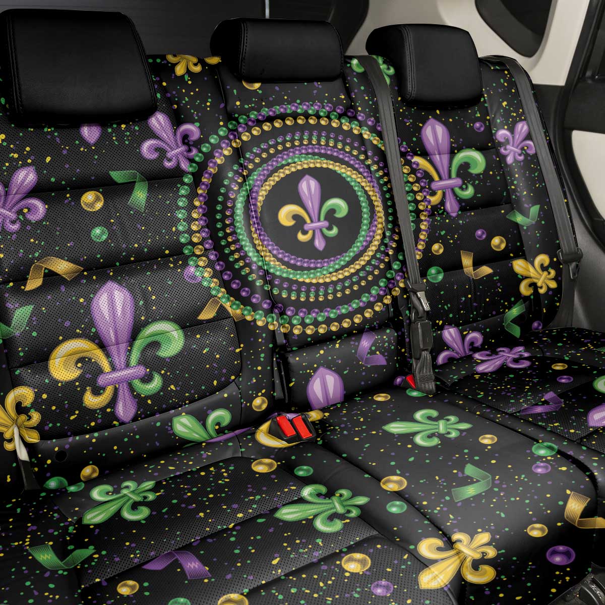 Mardi Gras Fleur De Lis Back Car Seat Cover With Round Carnival Beads