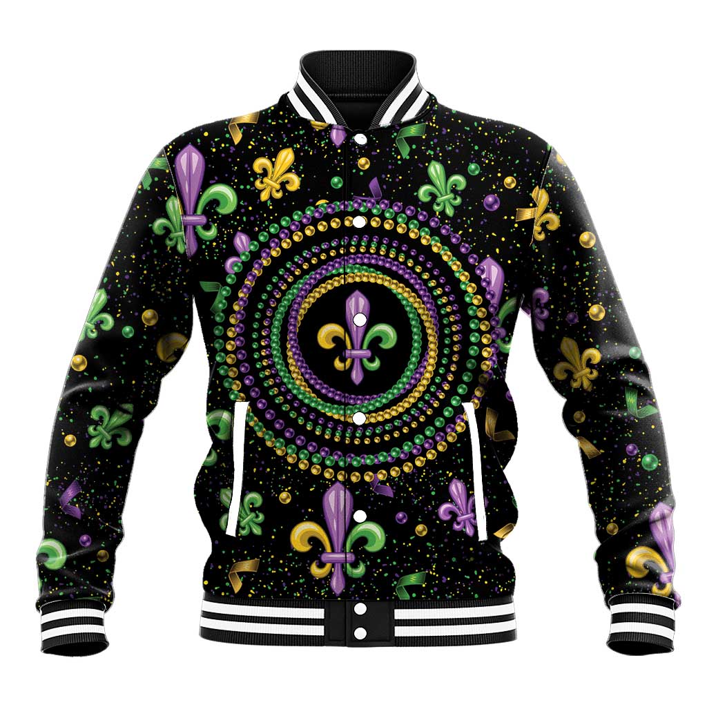 Mardi Gras Fleur De Lis Baseball Jacket With Round Carnival Beads