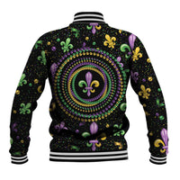 Mardi Gras Fleur De Lis Baseball Jacket With Round Carnival Beads
