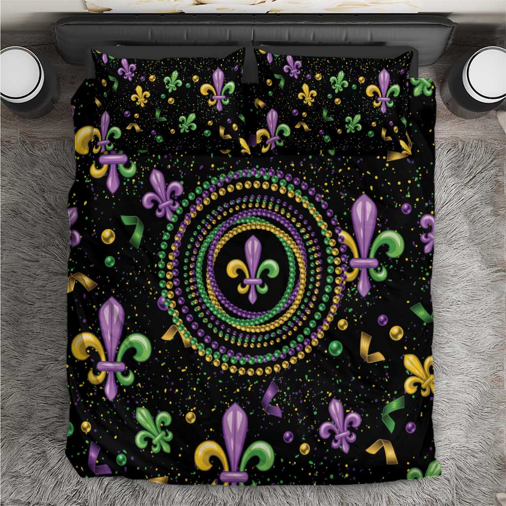 Mardi Gras Fleur De Lis Bedding Set With Round Carnival Beads