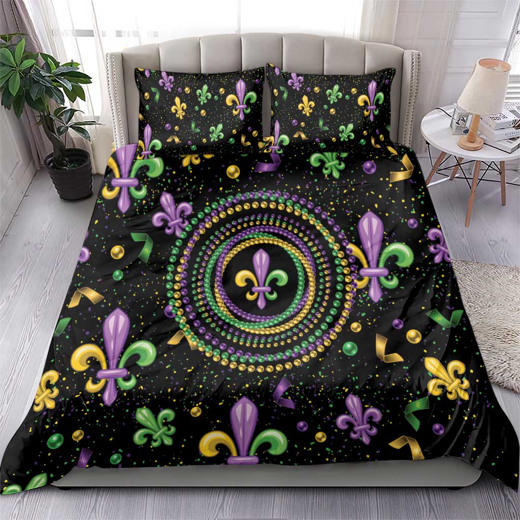 Mardi Gras Fleur De Lis Bedding Set With Round Carnival Beads