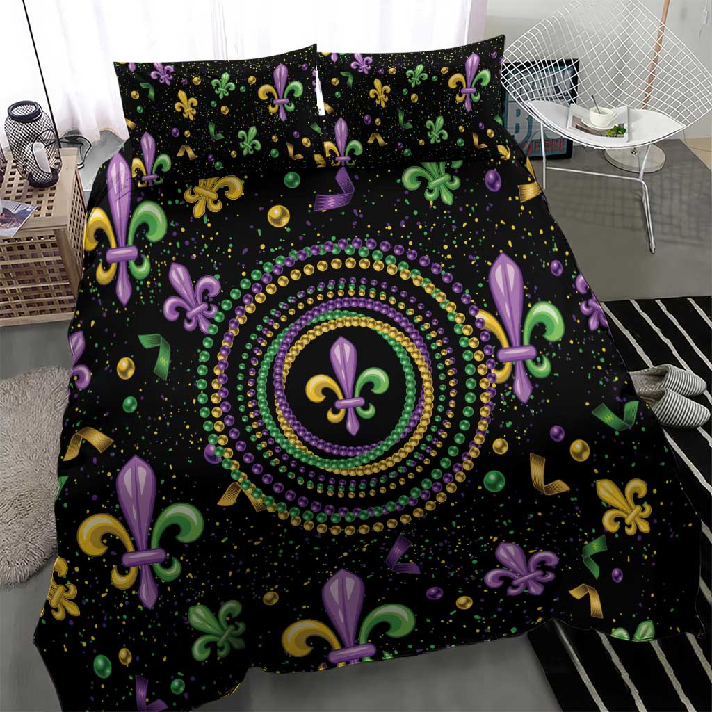 Mardi Gras Fleur De Lis Bedding Set With Round Carnival Beads