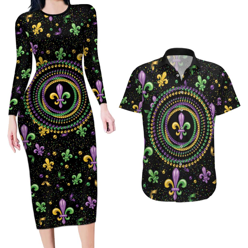 Mardi Gras Fleur De Lis Couples Matching Long Sleeve Bodycon Dress and Hawaiian Shirt With Round Carnival Beads