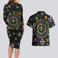Mardi Gras Fleur De Lis Couples Matching Long Sleeve Bodycon Dress and Hawaiian Shirt With Round Carnival Beads