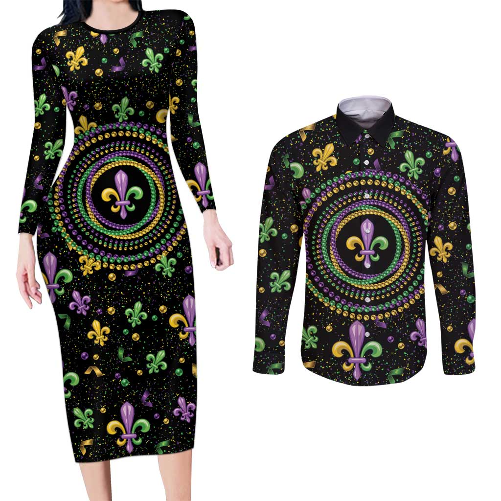 Mardi Gras Fleur De Lis Couples Matching Long Sleeve Bodycon Dress and Long Sleeve Button Shirt With Round Carnival Beads